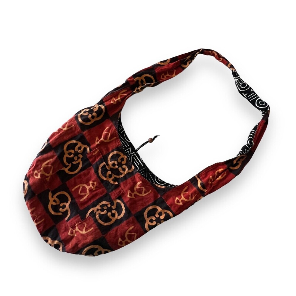 Unbranded Reversible Boho Satchel With String and Bead Latch and Outside Pocket